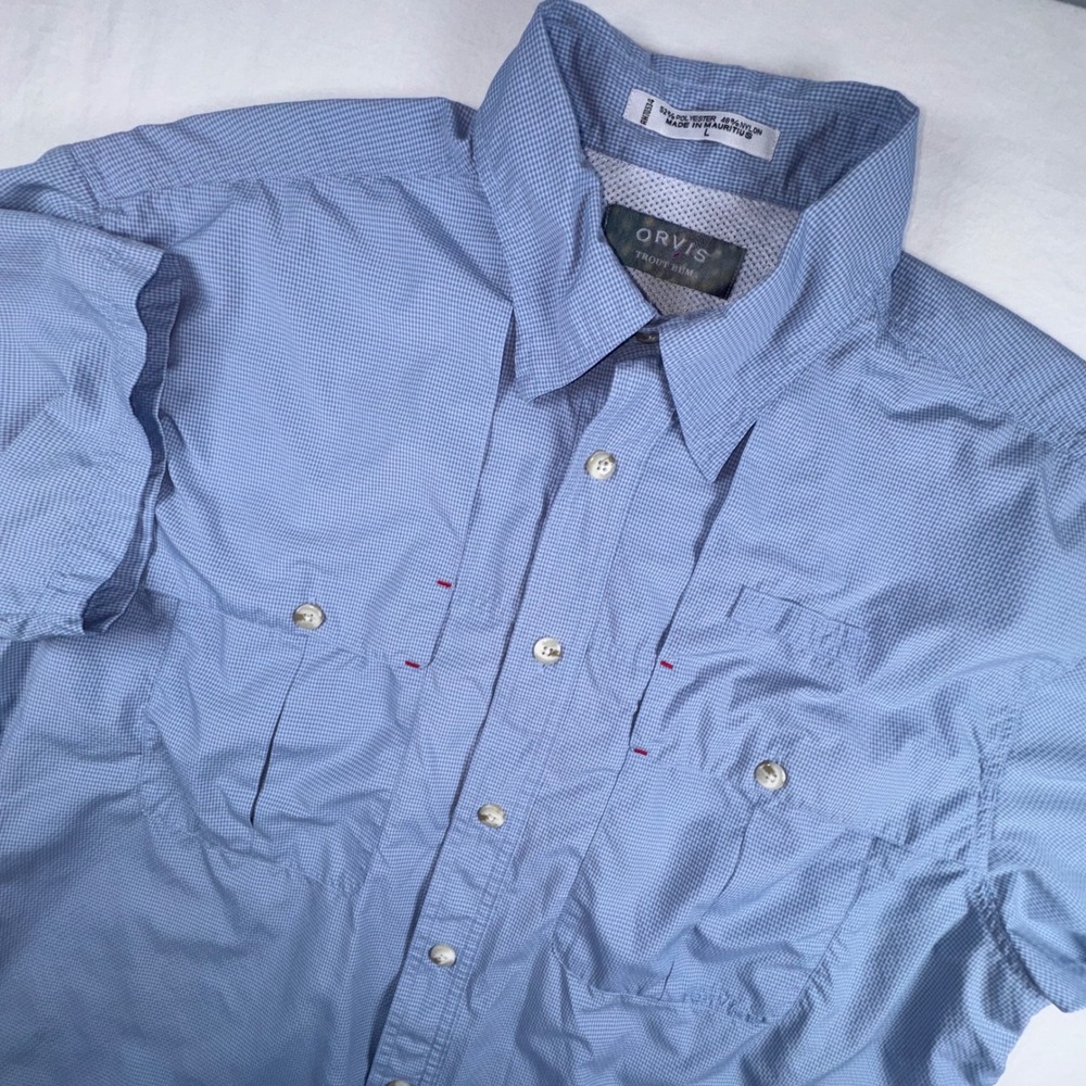 Orvis Trout Bum Fishing Shirt Mens L Blue Gingham Short Sleeve Ventilated Back